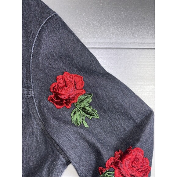HAODUOYI Women’s XL Black Denim Jacket Embroidered Roses - Picture 12 of 16